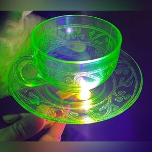 Rare Vintage 1930’s Hazel Atlas Uranium Glass Tea Cup and Saucer Shamrock Motif
